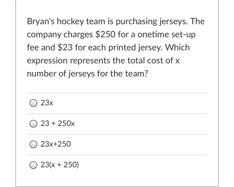 Bryan's hockey team is purchasing jerseys. The company charges $250 for a onetime-example-1