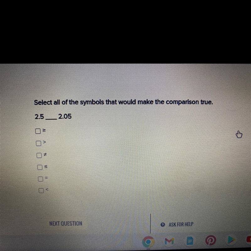 Select the symbols that would make the comparison true2.5 ____ 2.05-example-1