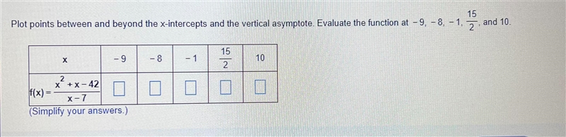 Plot points between and beyond the x-intercepts and the vertical asymptote. Evaluate-example-1