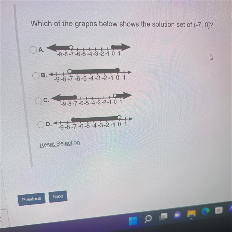 Which of the graphs below shows the solution set of (-7, 0]?-example-1