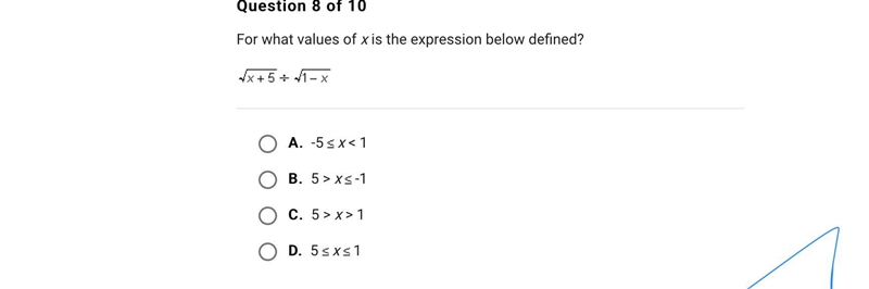 For what values of x is the expression below defined?A.-5 x < 1B.5 > x -1C.5 &gt-example-1