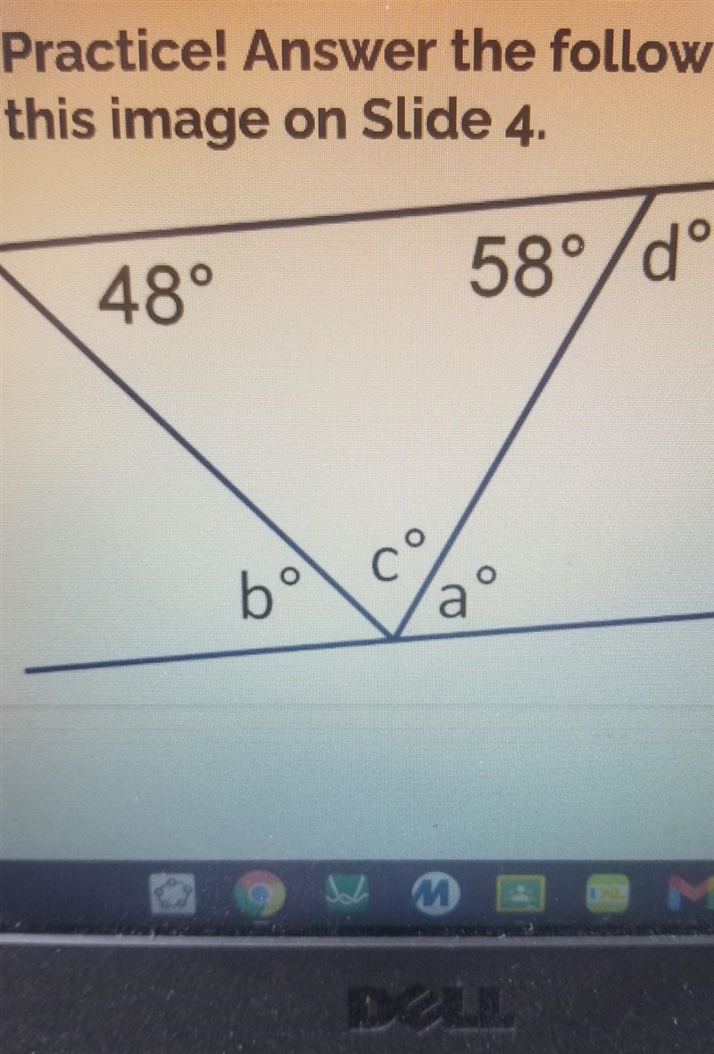 I'm not sure how to find the degrees for angle d-example-1