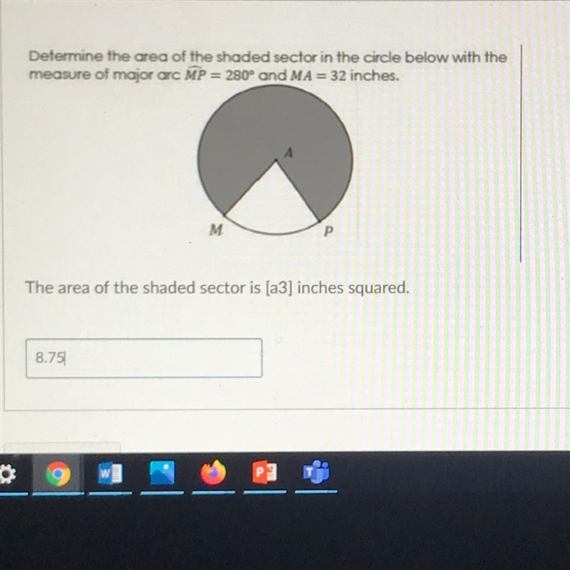 Determine the area of the shaded sector in the circle below with themeasure of major-example-1