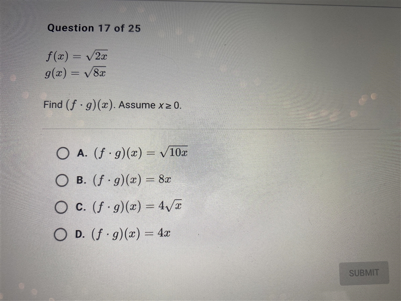 please help! functions and relations. f(x)= square root of 2xg(x)= square root of-example-1