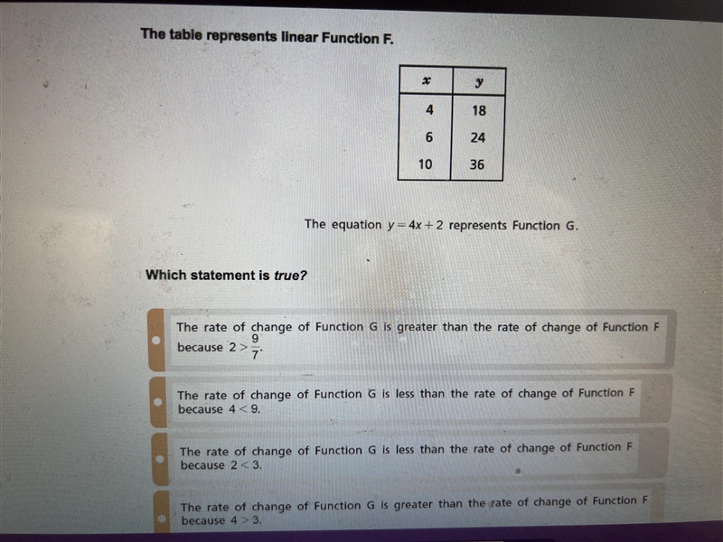 Can someone please help me with this!! The equation y=4x+2 represents Function G. Which-example-1