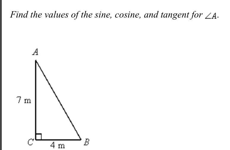 Find the values of the sine, cosine, and tangent for ZA.-example-1