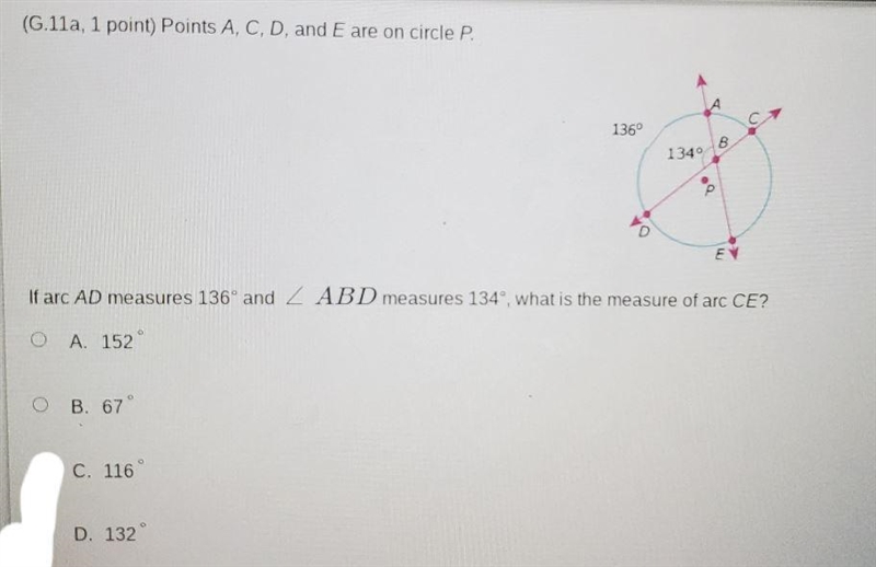 (G.11a, 1 point) Points A, C, D, and E are on circle P. 136° 1340 Ε E If arc AD measures-example-1