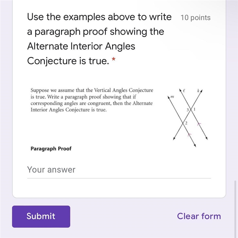 Write a paragraph proof showing the alternate interior angles conjecture is true. ( there-example-1