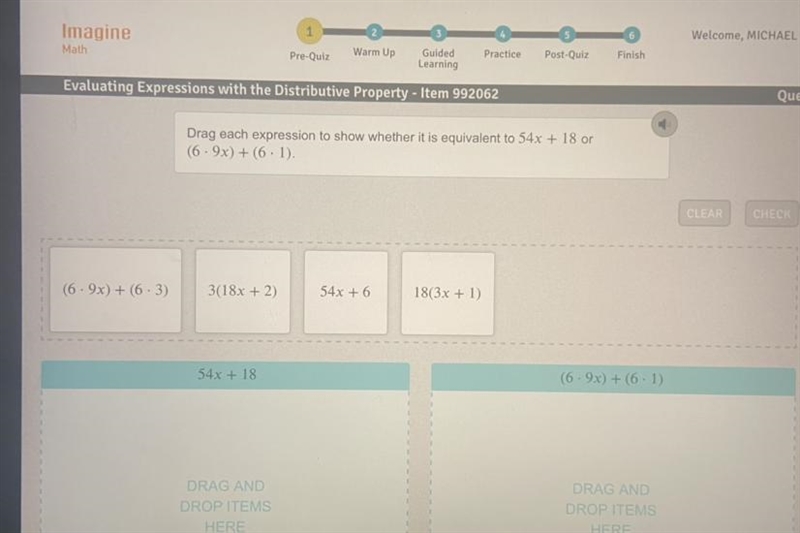 Drag each expression to show whether it is equivalent to 54x + 18 or (6 · 9x) + (6 · 1).-example-1