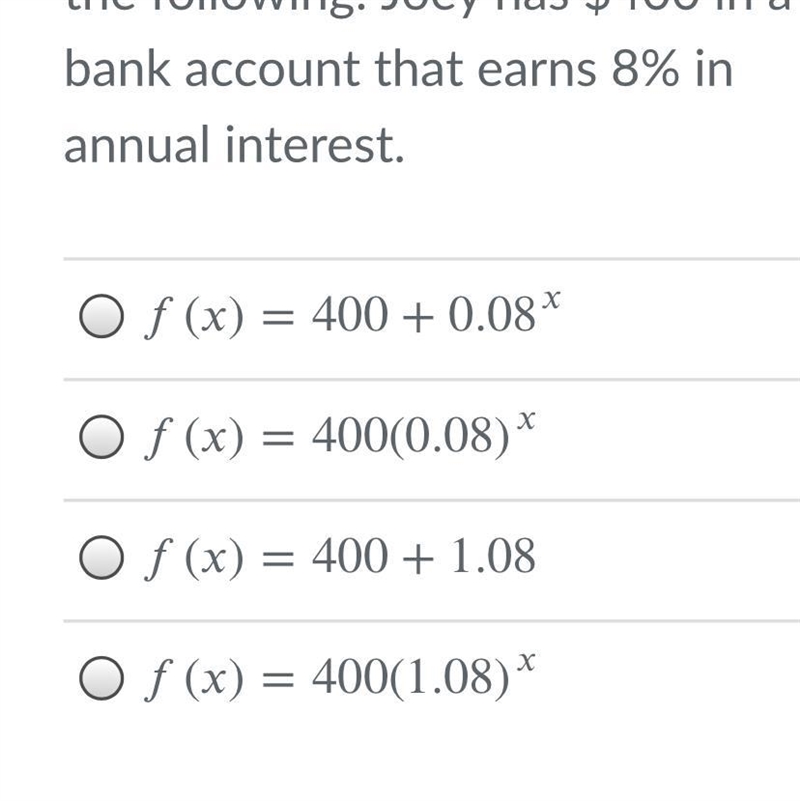 Select the equation that represents the following: Joey has $400 in a bank account-example-1