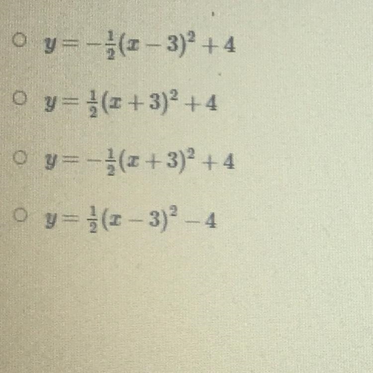 Which quadratic function in vertex form has a vertex at (3, 4) and passes through-example-1