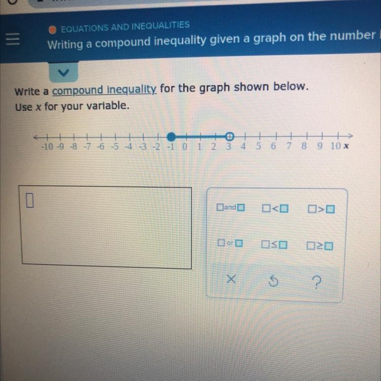 Write a compound inequality for the graph shown belowUse x for your variable. .Make-example-1