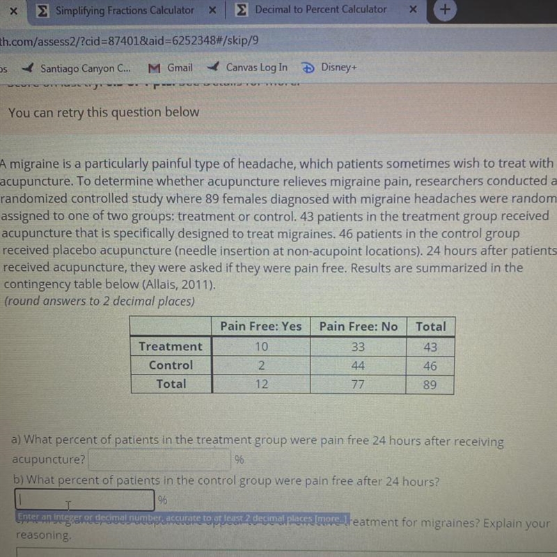 (round answers to 2 decimal places)Pain Free: YesPain Free: NoTotal103343TreatmentControlTotal-example-1