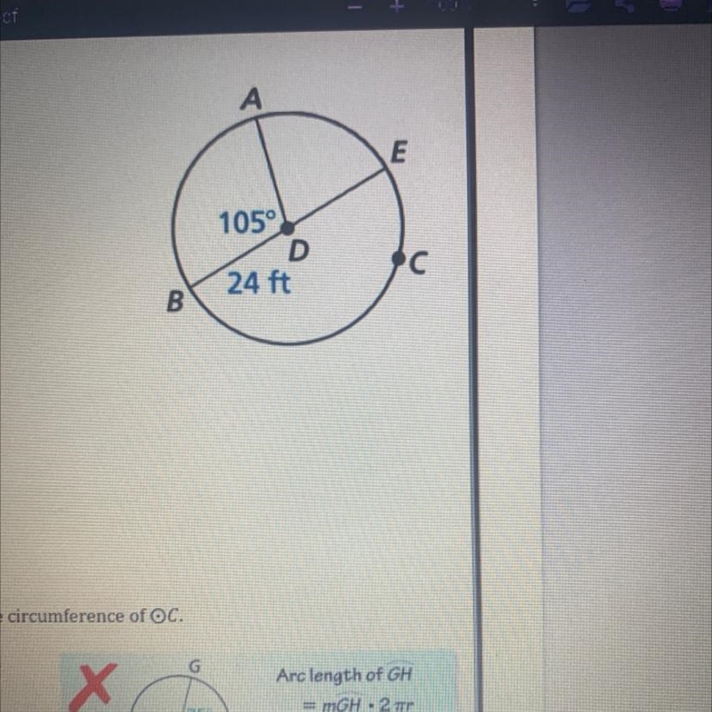 What is the circumference of D and the arc length of AB-example-1