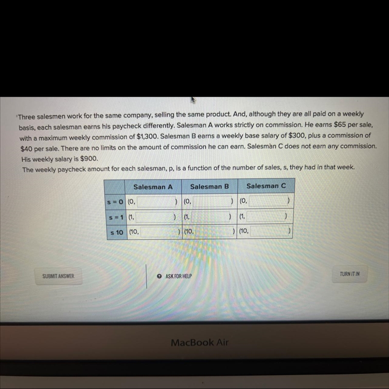 Three salesmen work for the same company, selling the same product. And, although-example-1