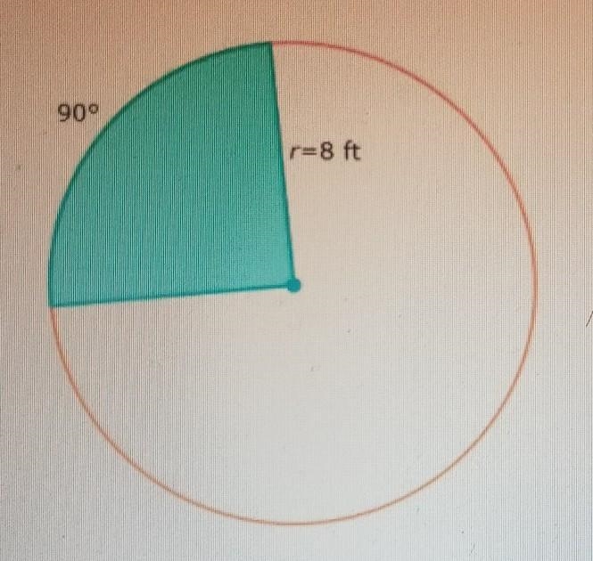 The radius of a circle is 8 feet. What is the area of sector bounded by a 90° arc-example-1