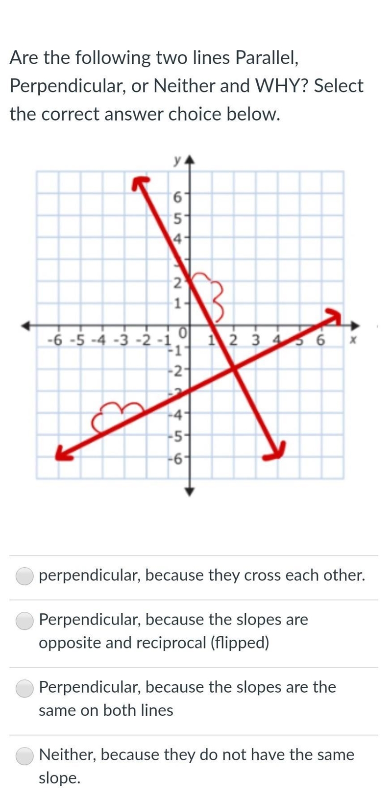 Are the following two lines Parallel, Perpendicular, or Neither and WHY? Select the-example-1