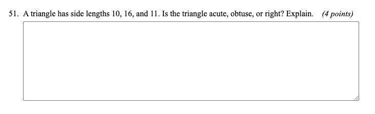 A triangle has side lengths 10, 16, and 11. Is the triangle acute, obtuse, or right-example-1