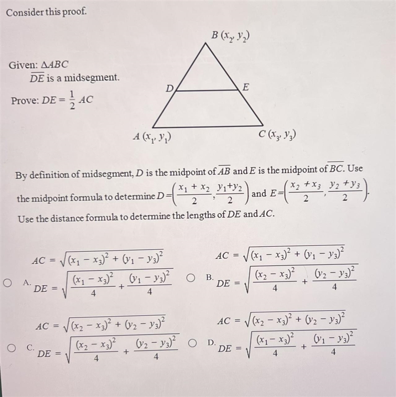 Use the distance formula to determine the lengths of DE and AC.-example-1