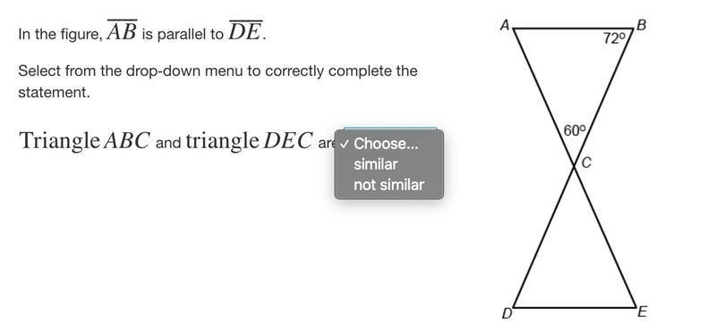 In the figure, AB⎯⎯⎯⎯⎯ is parallel to DE⎯⎯⎯⎯⎯.Select from the drop-down menu to correctly-example-1