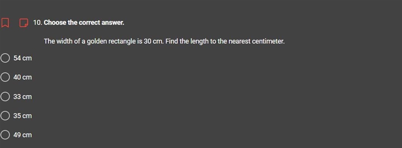 The width of a golden rectangle is 30 cm. Find the length to the nearest centimeter-example-1