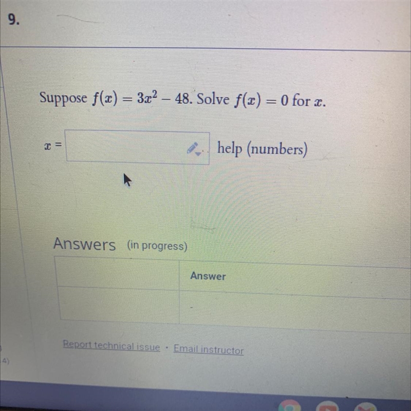 Suppose f(x) = 3x² – 48. Solve f(x) = 0-example-1