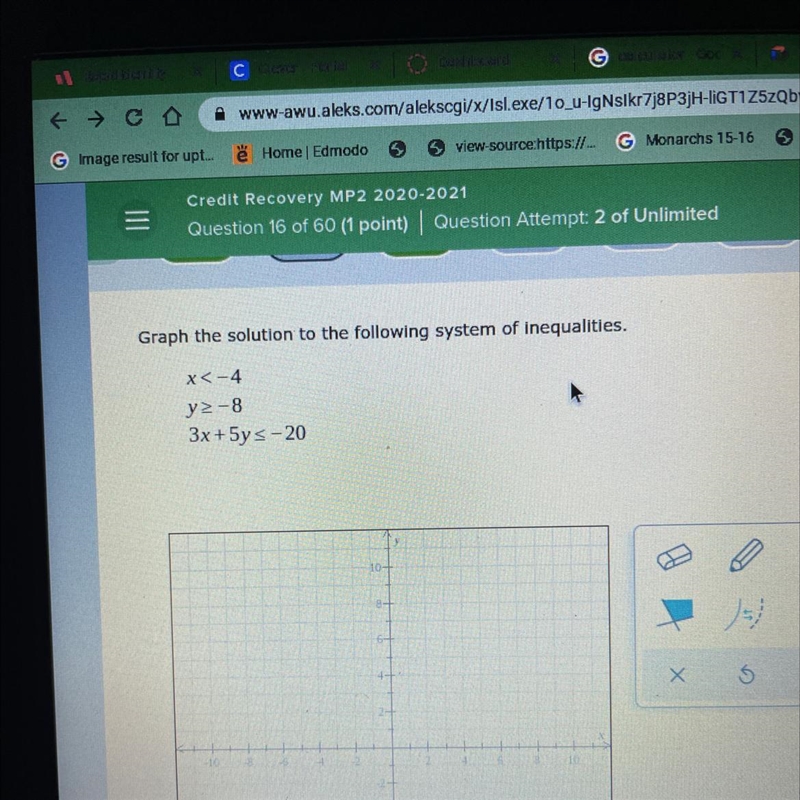 Graph the solution to the following system of inequalities x < - 4 y >= - 8 3x-example-1