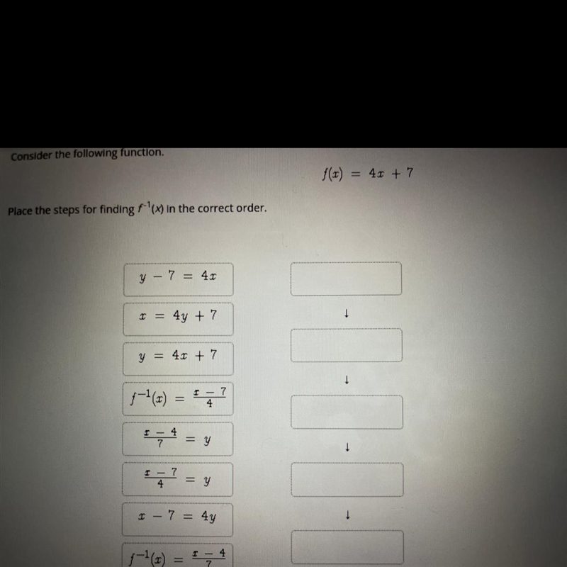 Place the steps for finding f(x) in the correct order. H 11 K f(1) = 41 + 7 0·0-0-0-0-example-1