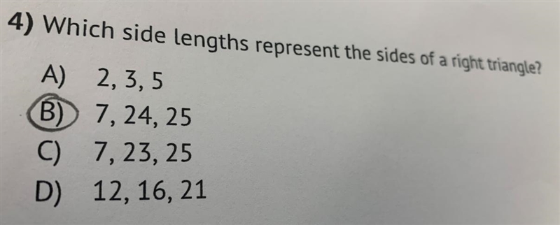 Which side lengths represent the side of a right triangle-example-1