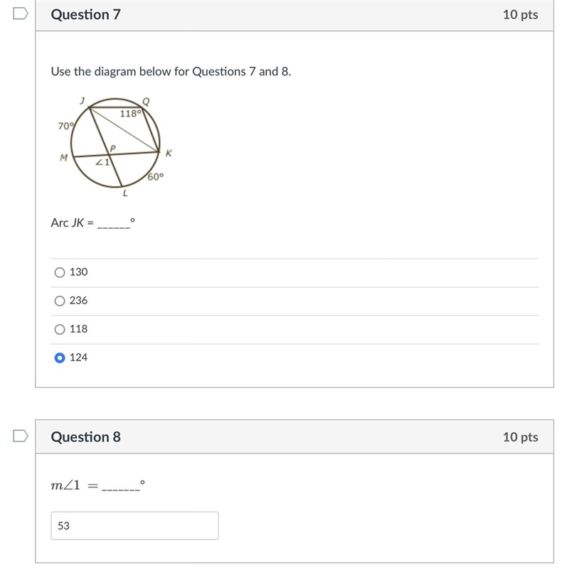 Please find arc JK and angle 1. Ignore the entered answers.-example-1