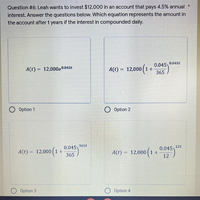 Which equation represents the amount inthe account after t years if the interest in-example-1