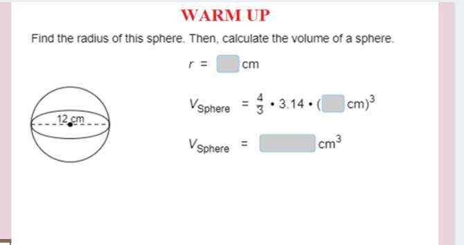 Find the radius of this sphere. Then, calculate the volume of a sphere.-example-1