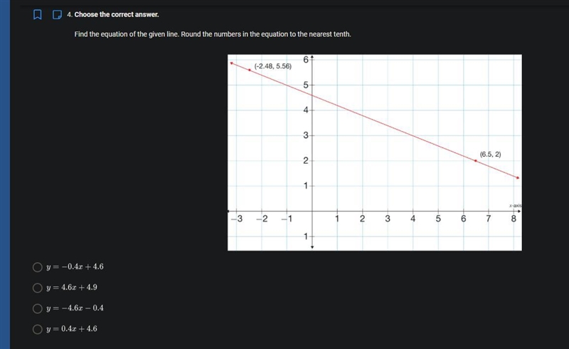 Find the equation of the given line. Round the numbers in the equation to the nearest-example-1