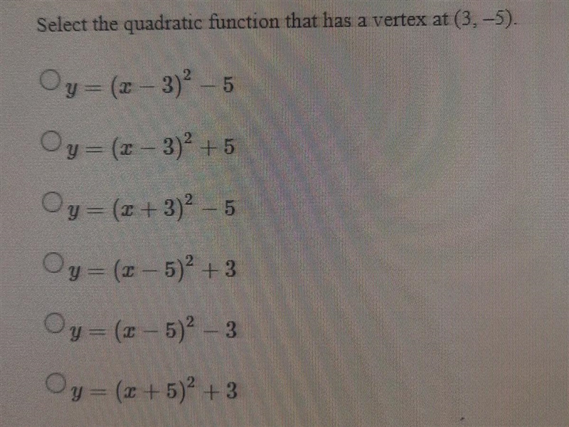 Select the quadratic function that has a vertex at (3,-5).-example-1