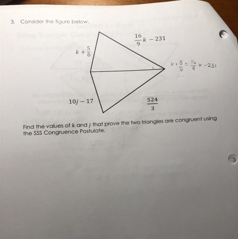 Find the values of K and J that prove the two triangles are congruent using the SSS-example-1