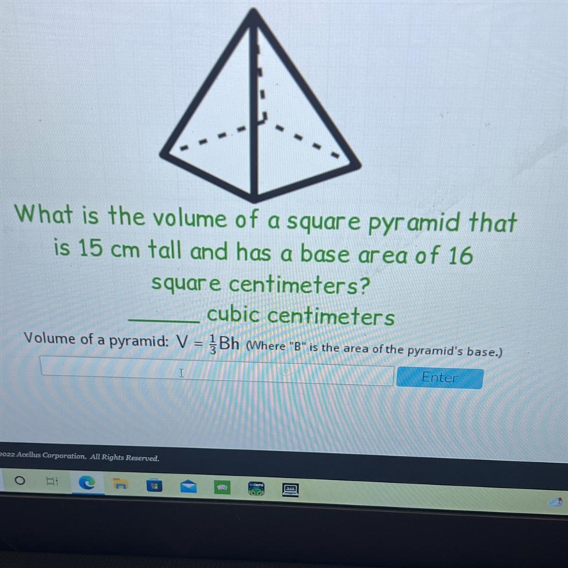 What is the volume of a squar e pyramid thatis 15 cm tall and has a base area of 16square-example-1