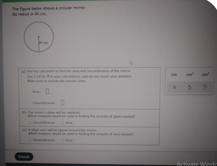 The figure below shows a circular mirror. It's radius is 46 cm-example-1