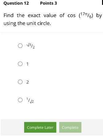 Find the exact value of cos (17π/6) by using the unit circle.-example-1