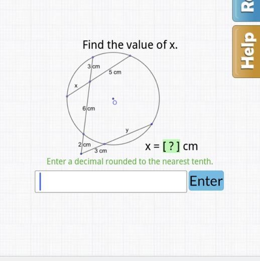 R 2 cm x = [?] cm 3 cm Enter a decimal rounded to the nearest tenth. Enter Done-example-1