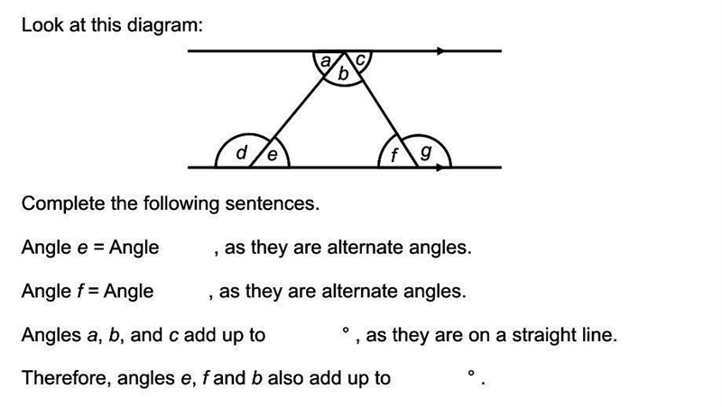 Look at the diagram Complete the following sentences. Angle e= Angle , as they are-example-1