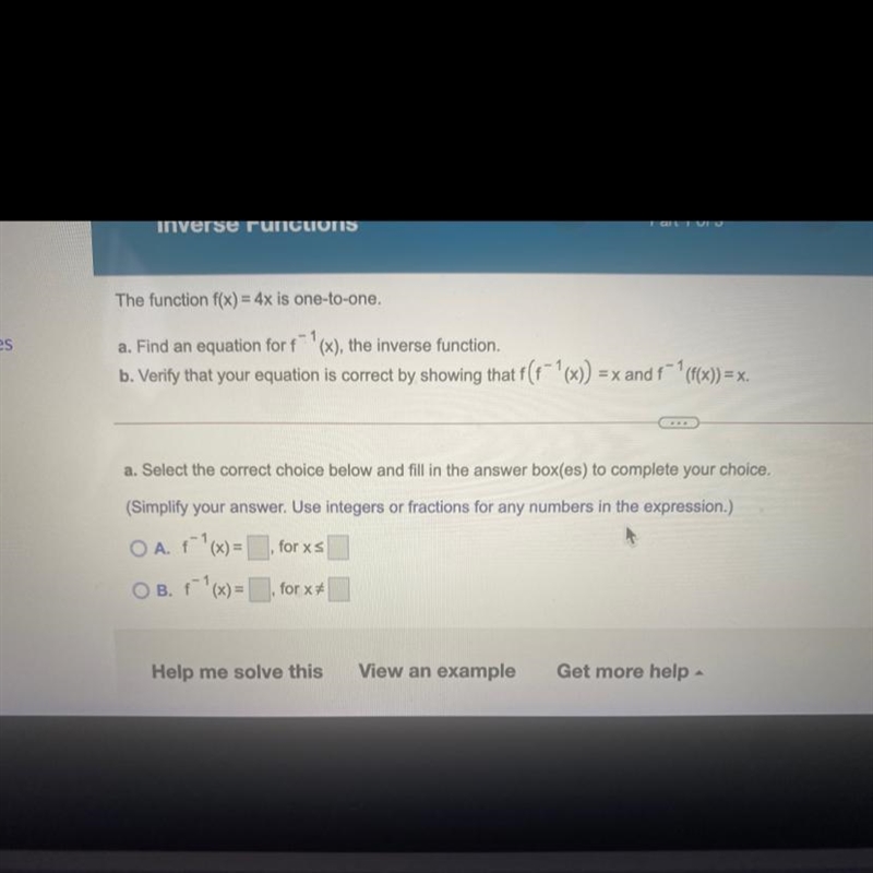 The function f(x)= 4x is one to one Find A and B-example-1