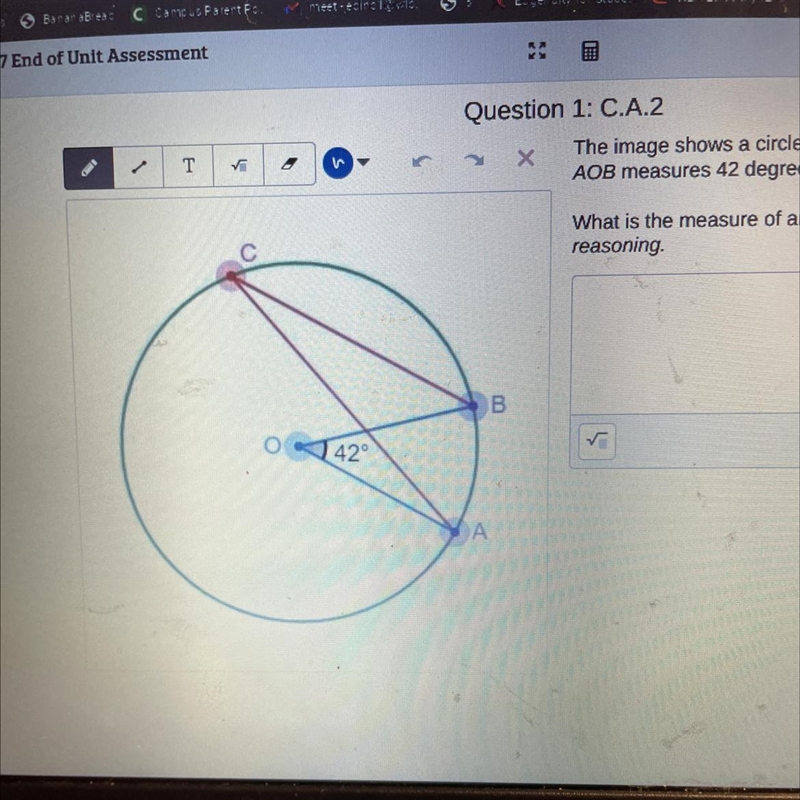 The image shows a circle centered at point O angle AOB Measures at 42 degrees. What-example-1