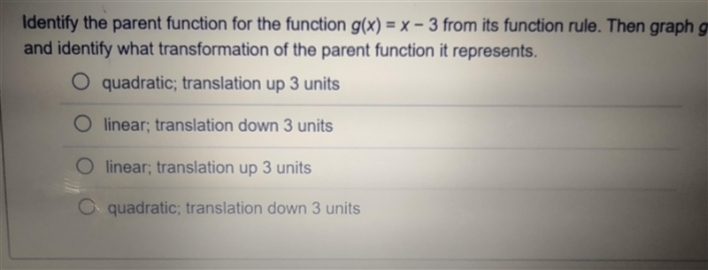 Identify the parent function for the function g (x) = x- 3 from its function rule-example-1