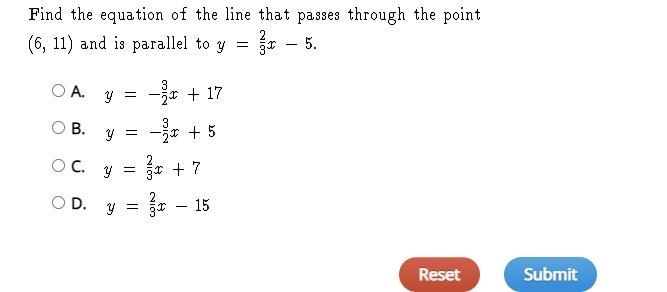 Please help! Find the equation of the line that passes through the point (6, 11) and-example-1