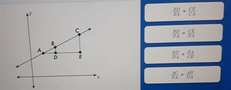 the question is, "triangles ABD and ACE are similar right triangles. Which ratio-example-1