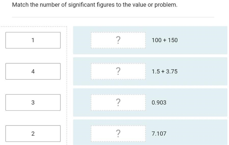 Match the number of significant figures to the correct values.1 100 + 1504 1.5 + 3.753 0.9032 7.107-example-1