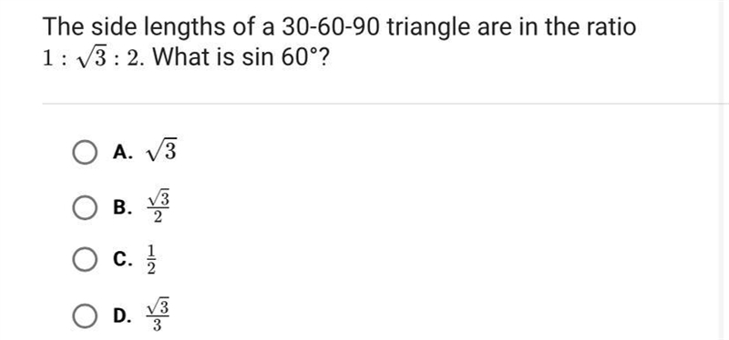 The side lengths of a 30-60-90 are in the ratio What is sin 60°?-example-1