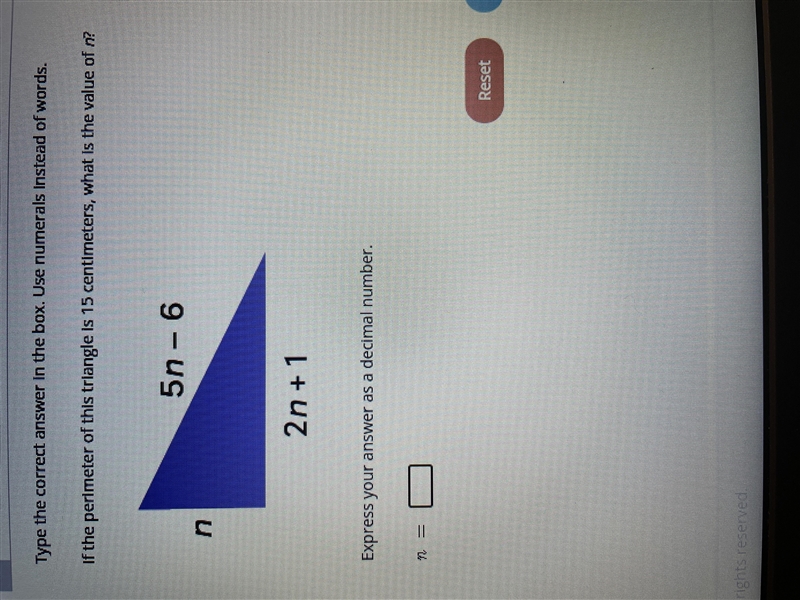 If the perimeter of this triangle is 15 centimeters, what is the value of n? Express-example-1