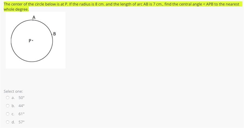 The center of the circle below is at P. If the radius is 8 cm. and the length of arc-example-1