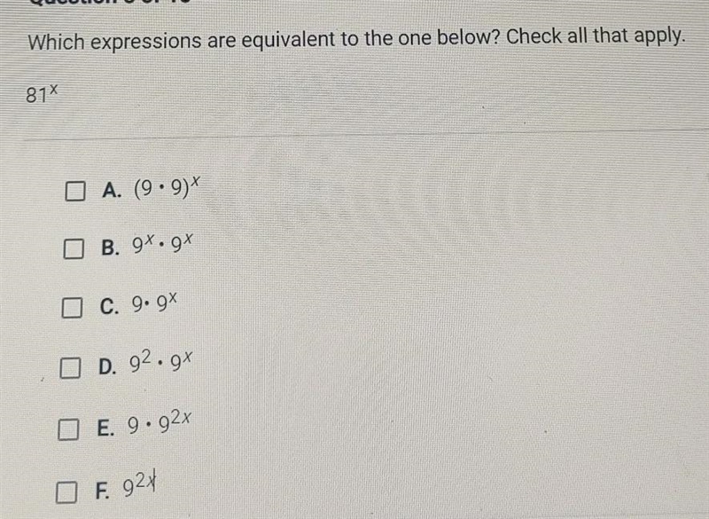 Which expressions are equivalent to the one below? Check all that apply. 81%-example-1